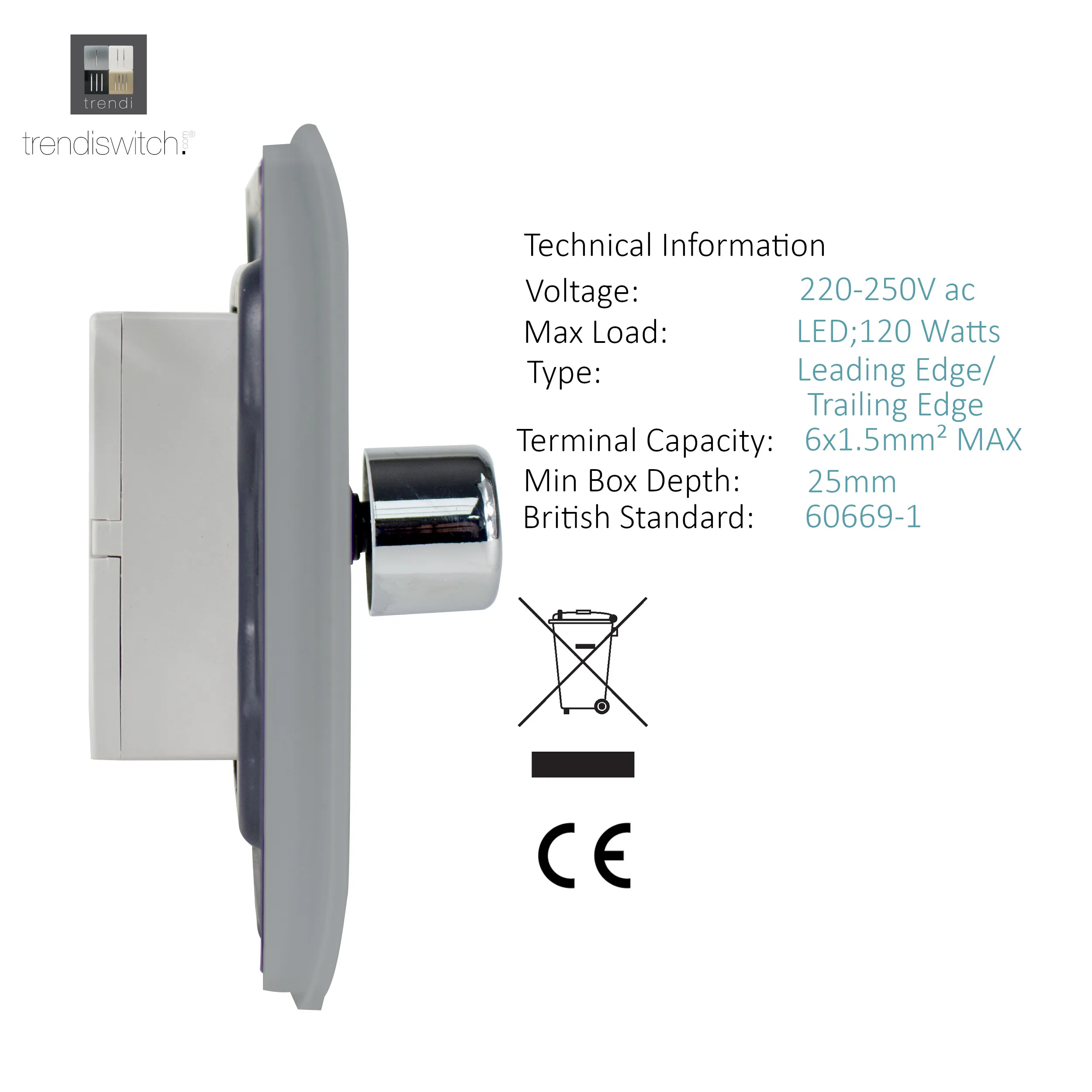 1 Gang 1 Way LED Dimmer Switch Silver ART-LDMSI  Trendi Platinum Silver